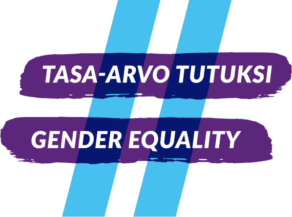 Logo, jossa kaksi violettia vaakasuoraa viivaa ja kaksi vaaleansinistä oikealle nojaavaa pystyviivaa muodostavat hashtag-merkin. Vaakasuorissa viivoissa lukee tekstit Tasa-arvo tutuksi ja Gender equality.