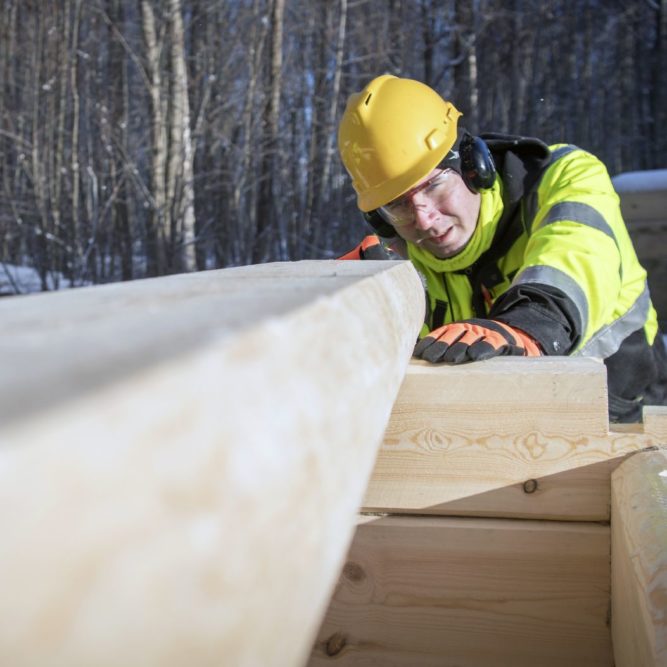 Kypärällä ja suojalaseilla varustautunut rakennusmies tarkkailee hirren suoruutta samalla kun asettelee sitä hirsikehikon päälle.