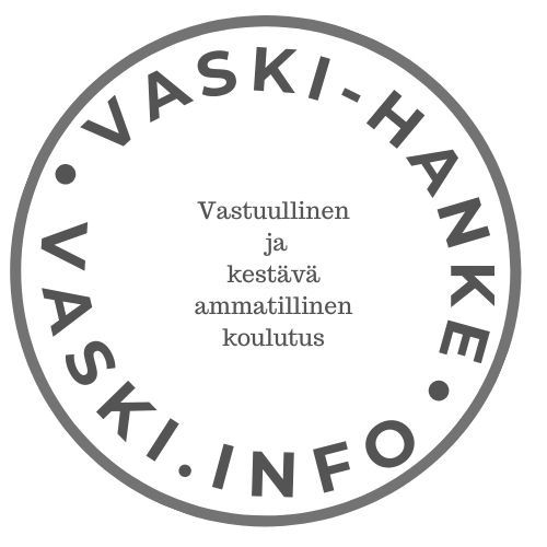 Ympyrän muotoinen logo, jossa teksti Vaski-hanke. Vaski.info. Vastuullinen ja kestävä ammatillinen koulutus.